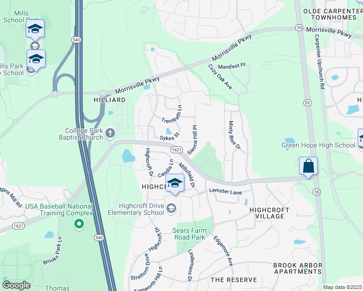 map of restaurants, bars, coffee shops, grocery stores, and more near 7117 Gibson Creek Place in Cary