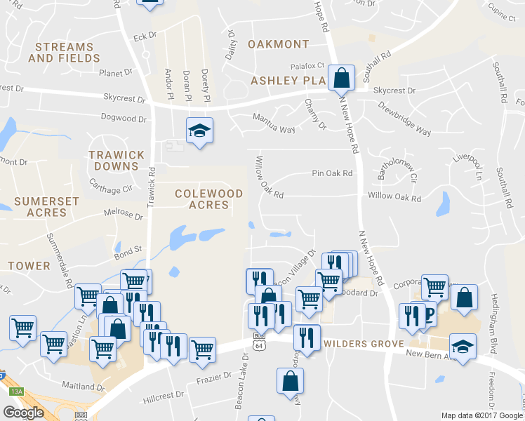 map of restaurants, bars, coffee shops, grocery stores, and more near 4216 Beacon Crest Way in Raleigh