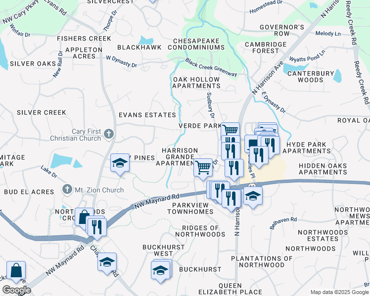 map of restaurants, bars, coffee shops, grocery stores, and more near 1521 Grande Harmony Place in Cary