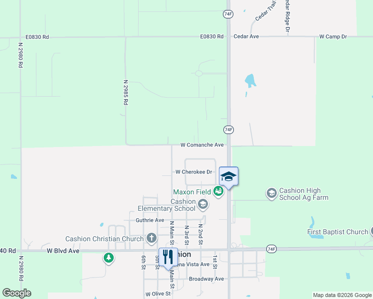 map of restaurants, bars, coffee shops, grocery stores, and more near 803 North 3rd Street in Cashion