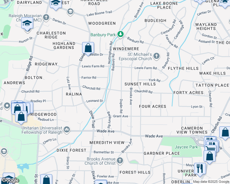 map of restaurants, bars, coffee shops, grocery stores, and more near 1340 Banbury Road in Raleigh