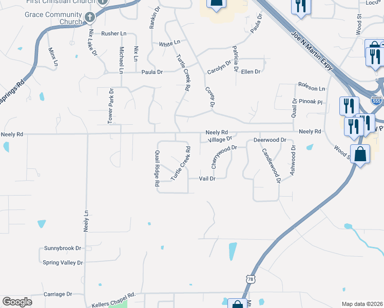 map of restaurants, bars, coffee shops, grocery stores, and more near 3212 Turtle Creek Road in Jonesboro