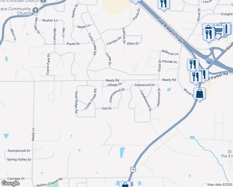 map of restaurants, bars, coffee shops, grocery stores, and more near 3106 Cherrywood Drive in Jonesboro