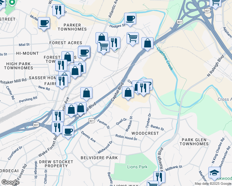 map of restaurants, bars, coffee shops, grocery stores, and more near in Raleigh
