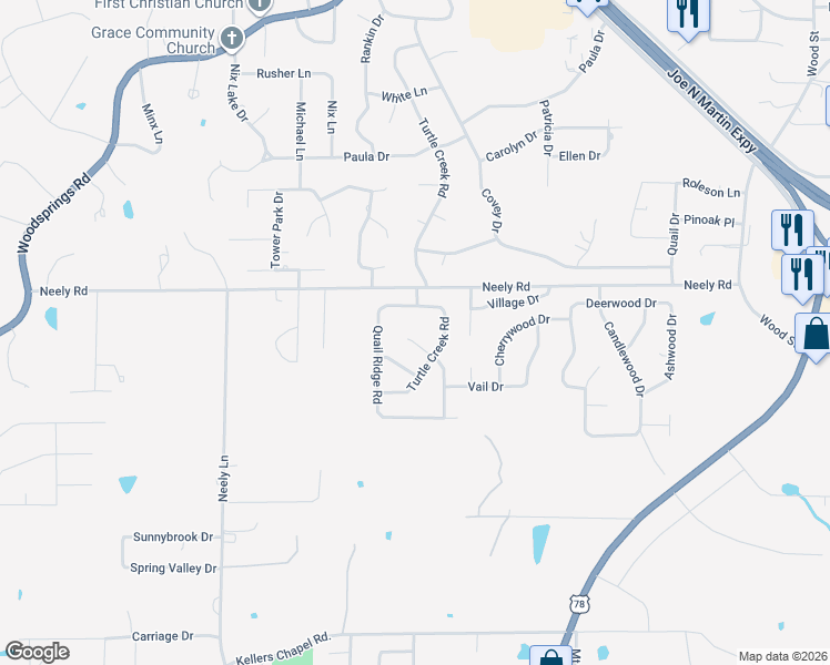 map of restaurants, bars, coffee shops, grocery stores, and more near 2107 Bob White Cove in Jonesboro