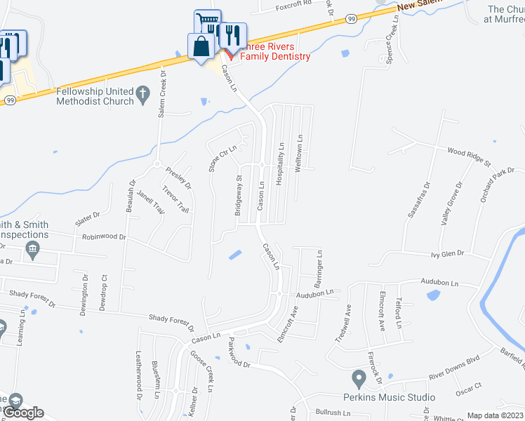 map of restaurants, bars, coffee shops, grocery stores, and more near 2271 Cason Lane in Murfreesboro