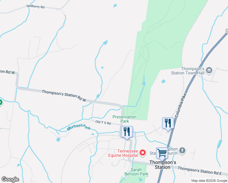 map of restaurants, bars, coffee shops, grocery stores, and more near 1609 Thompson's Station Road West in Thompson's Station