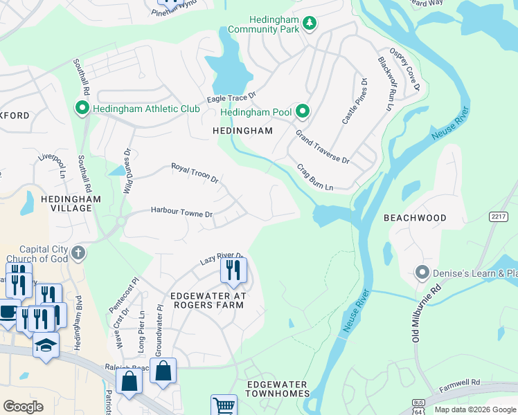 map of restaurants, bars, coffee shops, grocery stores, and more near 1501 Long Cove Court in Raleigh