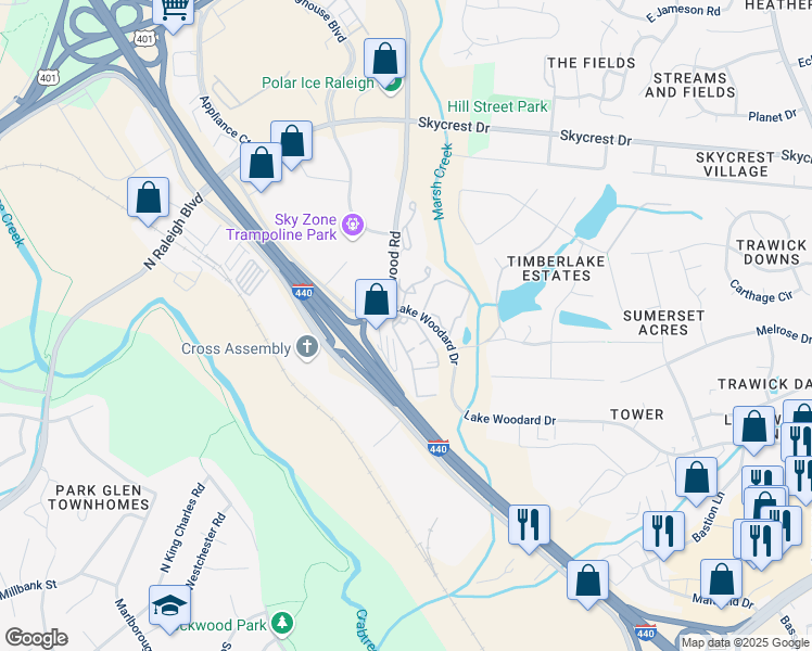 map of restaurants, bars, coffee shops, grocery stores, and more near 2080 Tree Vista Lane in Raleigh