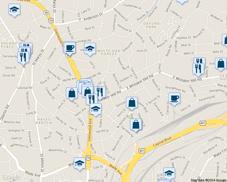 map of restaurants, bars, coffee shops, grocery stores, and more near 304 West Whitaker Mill Road in Raleigh