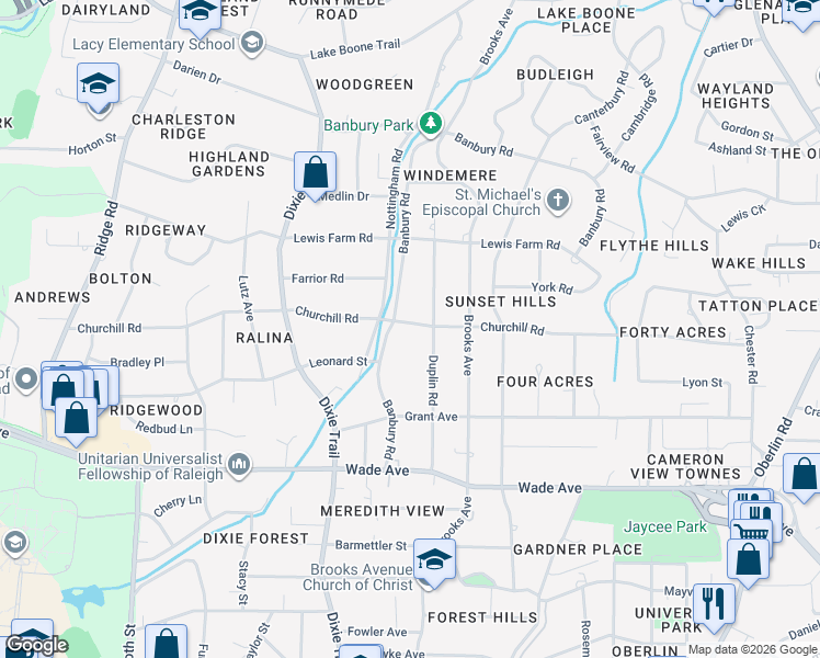 map of restaurants, bars, coffee shops, grocery stores, and more near 1340 Banbury Road in Raleigh