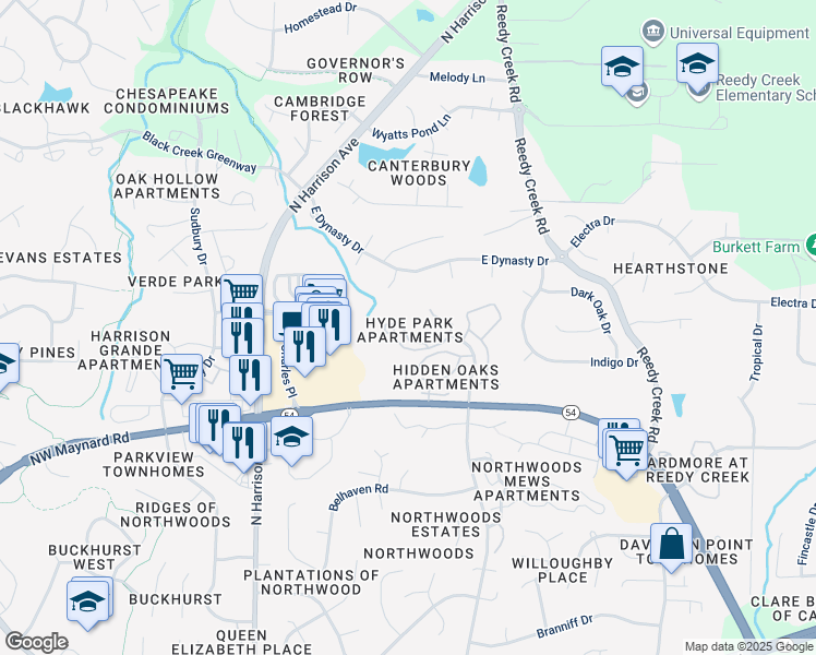 map of restaurants, bars, coffee shops, grocery stores, and more near 204 Hyde Park Court in Cary