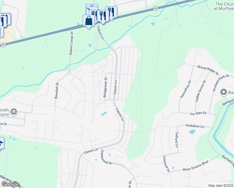 map of restaurants, bars, coffee shops, grocery stores, and more near 2275 Cason Lane in Murfreesboro