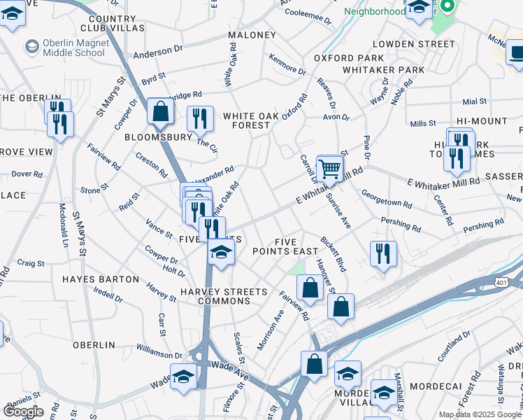 map of restaurants, bars, coffee shops, grocery stores, and more near 304 West Whitaker Mill Road in Raleigh