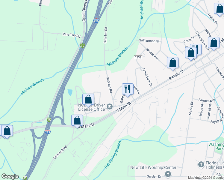 map of restaurants, bars, coffee shops, grocery stores, and more near 108 Sink Inn Road in Lexington