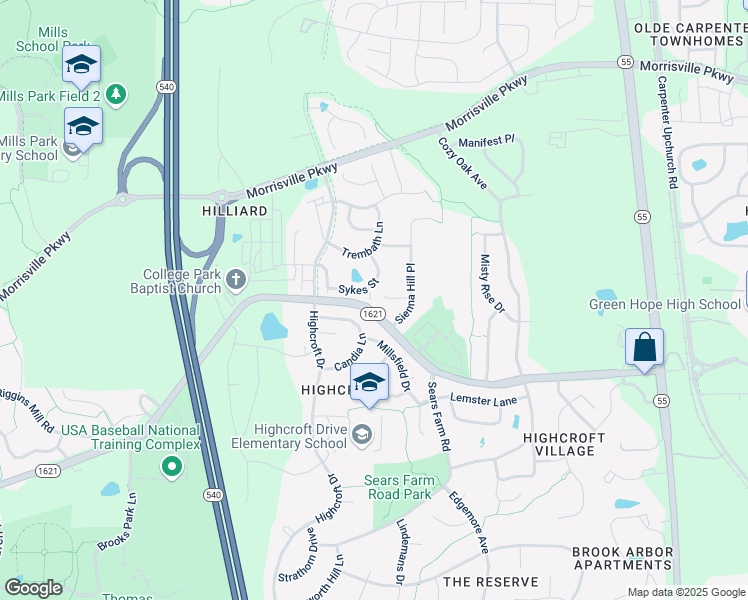 map of restaurants, bars, coffee shops, grocery stores, and more near 3919 Brokenshire Street in Cary