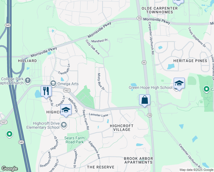 map of restaurants, bars, coffee shops, grocery stores, and more near 3108 Misty Rise Drive in Cary