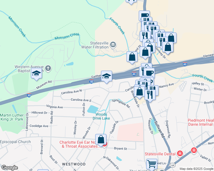 map of restaurants, bars, coffee shops, grocery stores, and more near 625 Carolina Avenue North in Statesville