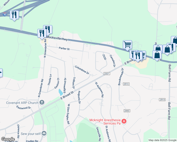 map of restaurants, bars, coffee shops, grocery stores, and more near 120 Columbine Drive in Statesville
