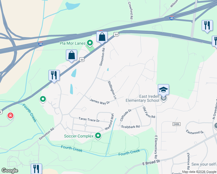 map of restaurants, bars, coffee shops, grocery stores, and more near 807 Shillington Lane in Statesville
