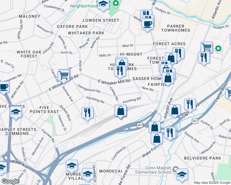 map of restaurants, bars, coffee shops, grocery stores, and more near 1613 Center Road in Raleigh
