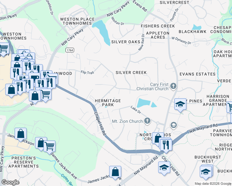 map of restaurants, bars, coffee shops, grocery stores, and more near 137 Cricketgrass Drive in Cary