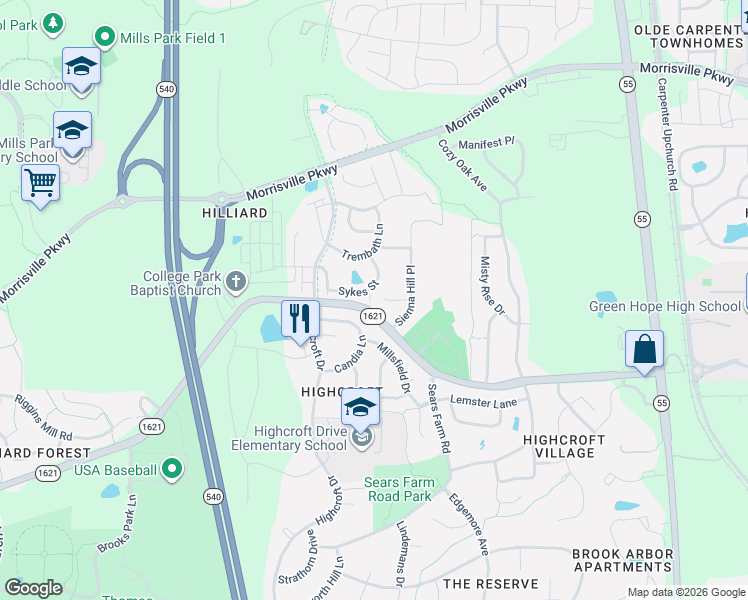 map of restaurants, bars, coffee shops, grocery stores, and more near 7117 Gibson Creek Place in Cary