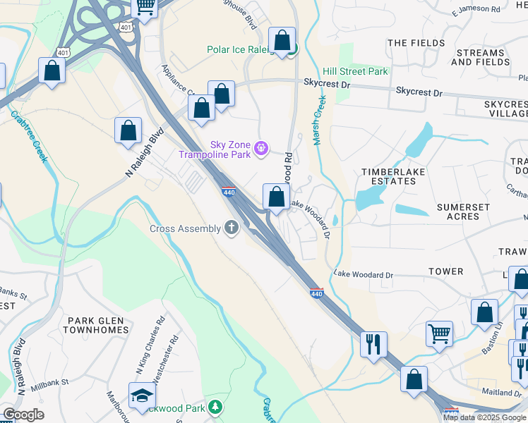 map of restaurants, bars, coffee shops, grocery stores, and more near 1950 Brentmoor Drive in Raleigh
