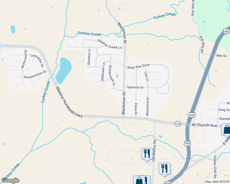 map of restaurants, bars, coffee shops, grocery stores, and more near 17 Blackmon Street in Medina