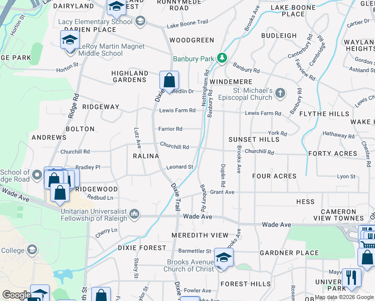map of restaurants, bars, coffee shops, grocery stores, and more near 1309 Nottingham Road in Raleigh