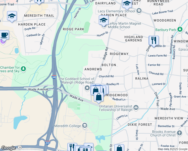 map of restaurants, bars, coffee shops, grocery stores, and more near 3609 Anclote Place in Raleigh