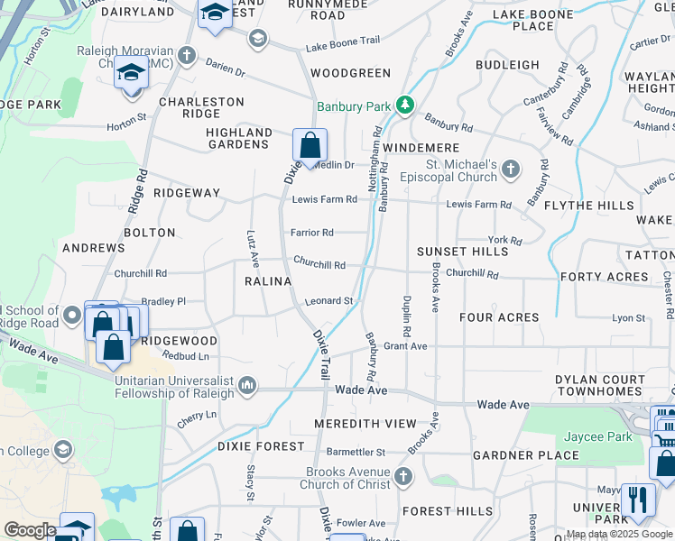 map of restaurants, bars, coffee shops, grocery stores, and more near 3013 Churchill Road in Raleigh