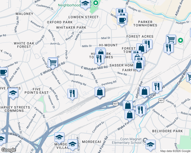 map of restaurants, bars, coffee shops, grocery stores, and more near 1613 Center Road in Raleigh