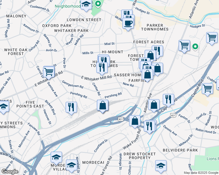 map of restaurants, bars, coffee shops, grocery stores, and more near 317 Georgetown Road in Raleigh