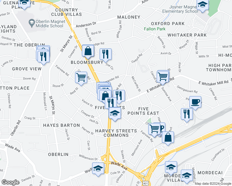 map of restaurants, bars, coffee shops, grocery stores, and more near 1818 White Oak Road in Raleigh