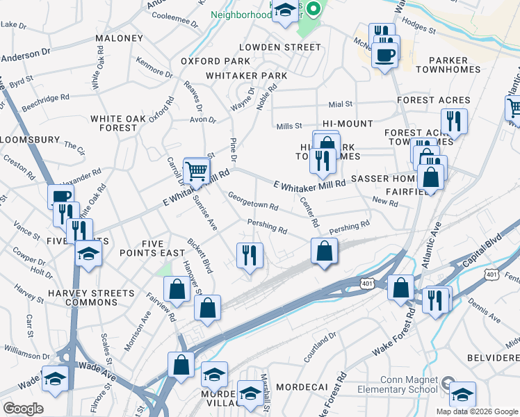 map of restaurants, bars, coffee shops, grocery stores, and more near 403 Pershing Road in Raleigh