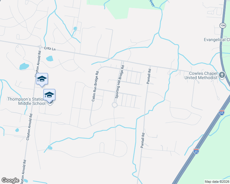 map of restaurants, bars, coffee shops, grocery stores, and more near 3197 Pleasantville Bridge Road in Thompson's Station