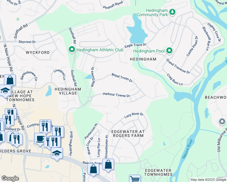 map of restaurants, bars, coffee shops, grocery stores, and more near 4953 Harbour Towne Drive in Raleigh