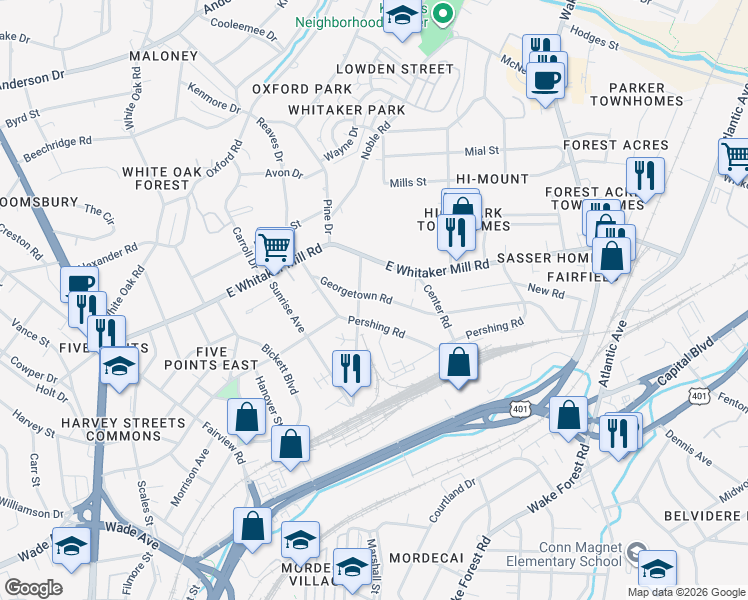 map of restaurants, bars, coffee shops, grocery stores, and more near 403 Pershing Road in Raleigh