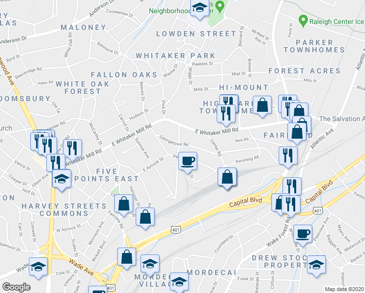 map of restaurants, bars, coffee shops, grocery stores, and more near 403 Pershing Road in Raleigh