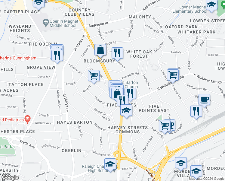 map of restaurants, bars, coffee shops, grocery stores, and more near in Raleigh