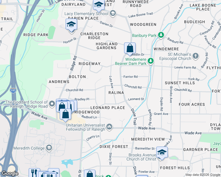 map of restaurants, bars, coffee shops, grocery stores, and more near in Raleigh