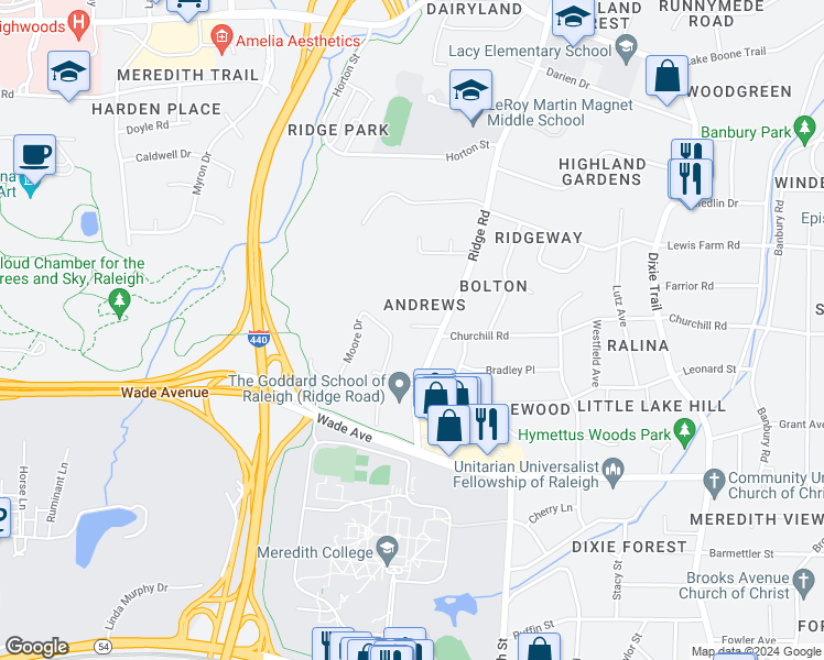 map of restaurants, bars, coffee shops, grocery stores, and more near 1323 Ridge Road in Raleigh
