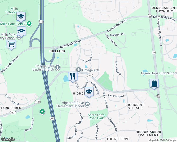 map of restaurants, bars, coffee shops, grocery stores, and more near 7117 Gibson Creek Place in Cary