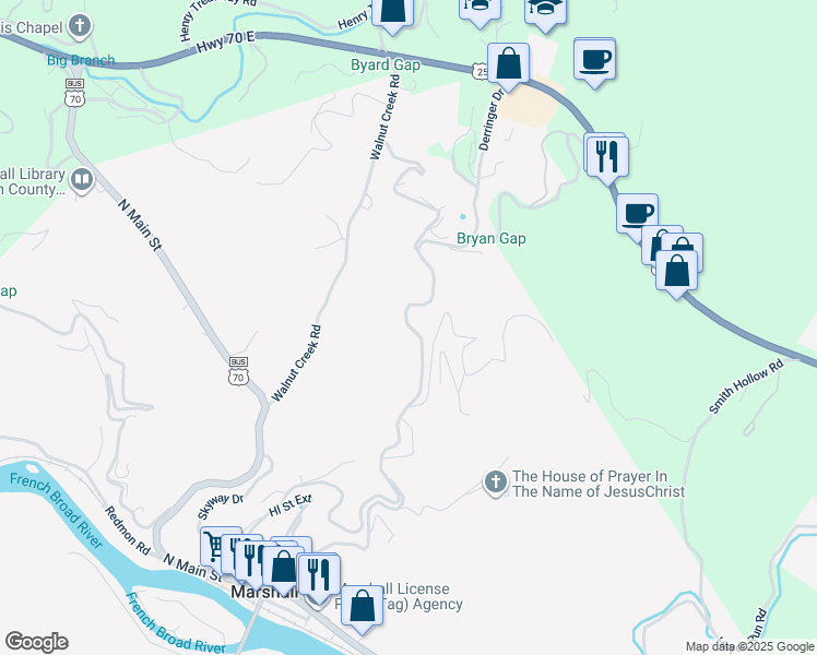 map of restaurants, bars, coffee shops, grocery stores, and more near Skyway Drive in Marshall