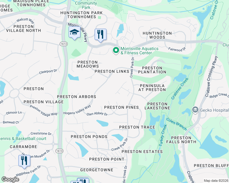 map of restaurants, bars, coffee shops, grocery stores, and more near 294 Hogans Valley Way in Cary
