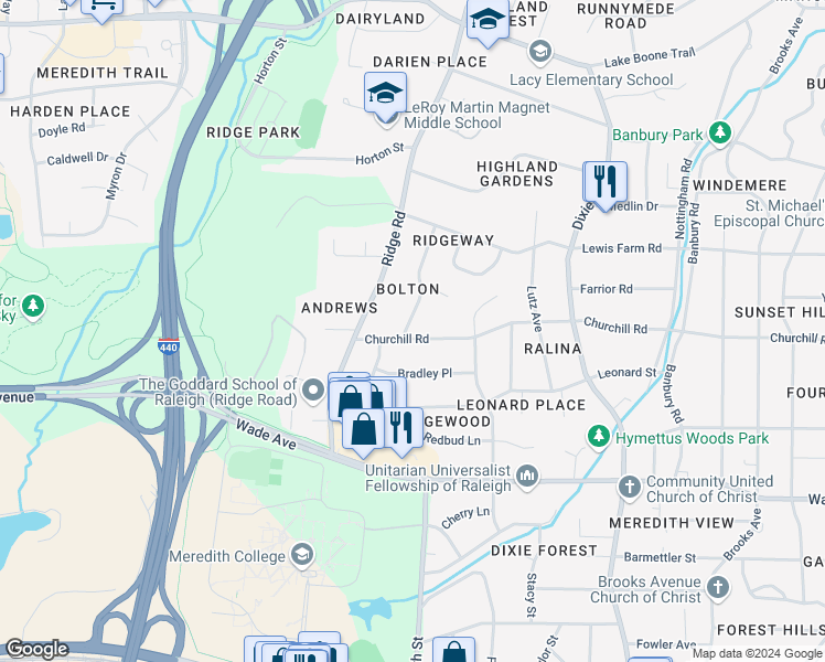 map of restaurants, bars, coffee shops, grocery stores, and more near 3434 Churchill Road in Raleigh