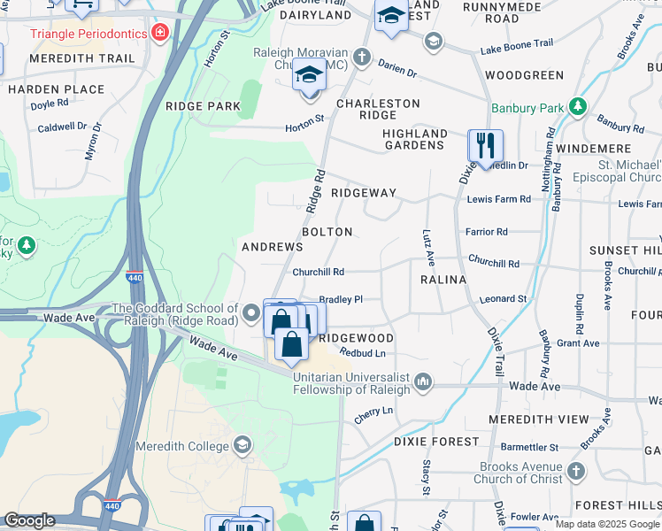 map of restaurants, bars, coffee shops, grocery stores, and more near 3434 Churchill Road in Raleigh