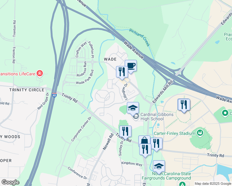map of restaurants, bars, coffee shops, grocery stores, and more near 1801 Summit Hills Way in Raleigh