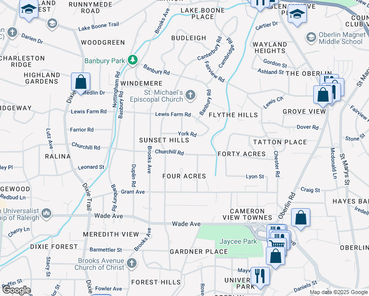map of restaurants, bars, coffee shops, grocery stores, and more near 2620 Churchill Road in Raleigh